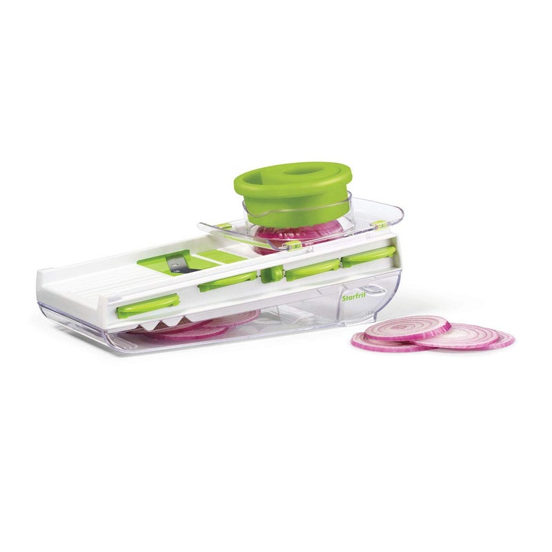 Starfrit Easy Mandoline Slicer, Dicer - 5-Blades and Graters - Straight & Crinkle Blades, Julienne, Grater & Shredder - Self-Feeding Pusher - Catch Base for Storage and Food Container - Image 1